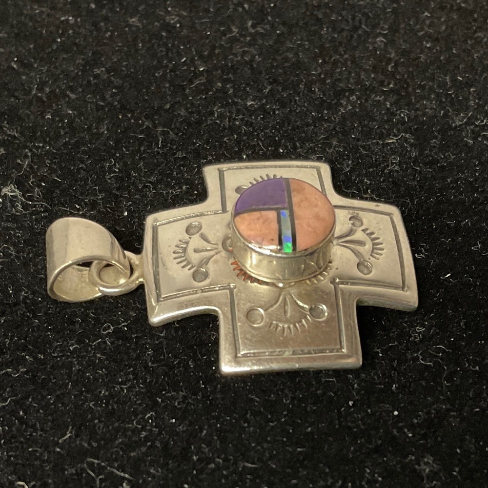 Sterling Silver Cross Pendant w/ Inlay Design - Picture 3 of 6
